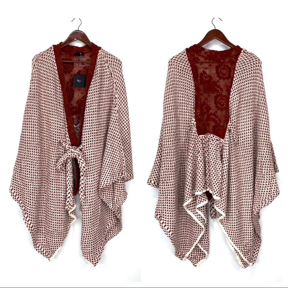 Rare Boho Ryu Rust Red & White Knit Tied Cardigan Sweater New Nwt Size Large